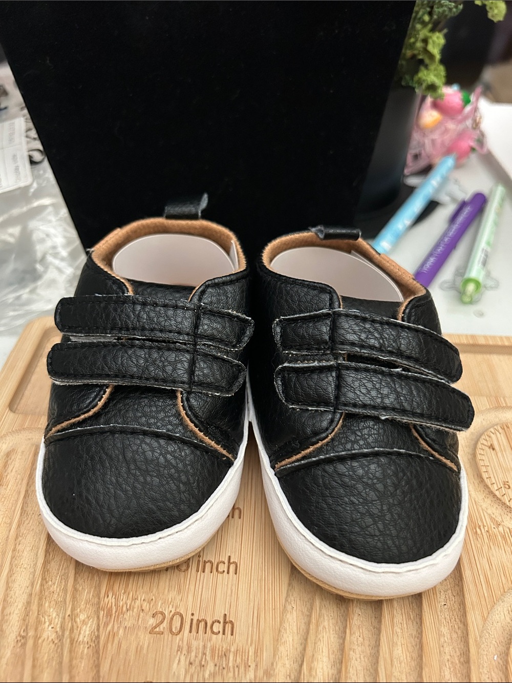 Kids Black Faux-Leather Velcro Shoes